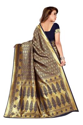 Navy blue woven banarasi silk saree with blouse 2