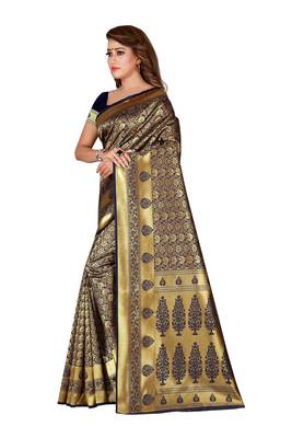 Navy blue woven banarasi silk saree with blouse 3