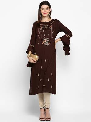 Brown embroidered rayon ethnic kurtis 1