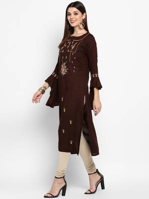 Brown embroidered rayon ethnic kurtis 3