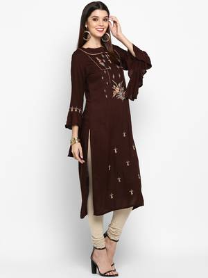 Brown embroidered rayon ethnic kurtis 4