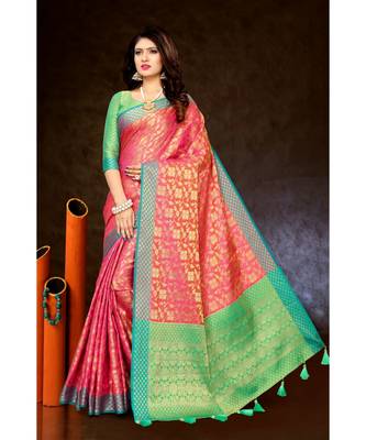 Pink woven silk blend saree with blouse 1