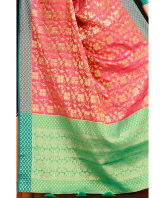 Pink woven silk blend saree with blouse 3