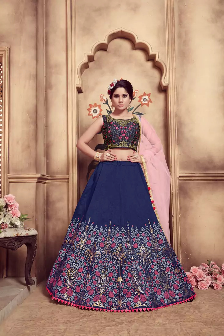 Navy Blue Cutdana & Resham Embroidered Silk Semi Stitched bridal lehenga