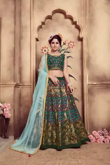 Dark Green Cutdana & Resham Embroidered Silk Semi Stitched bridal lehenga