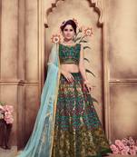 Dark Green Cutdana & Resham Embroidered Silk Semi Stitched bridal lehenga