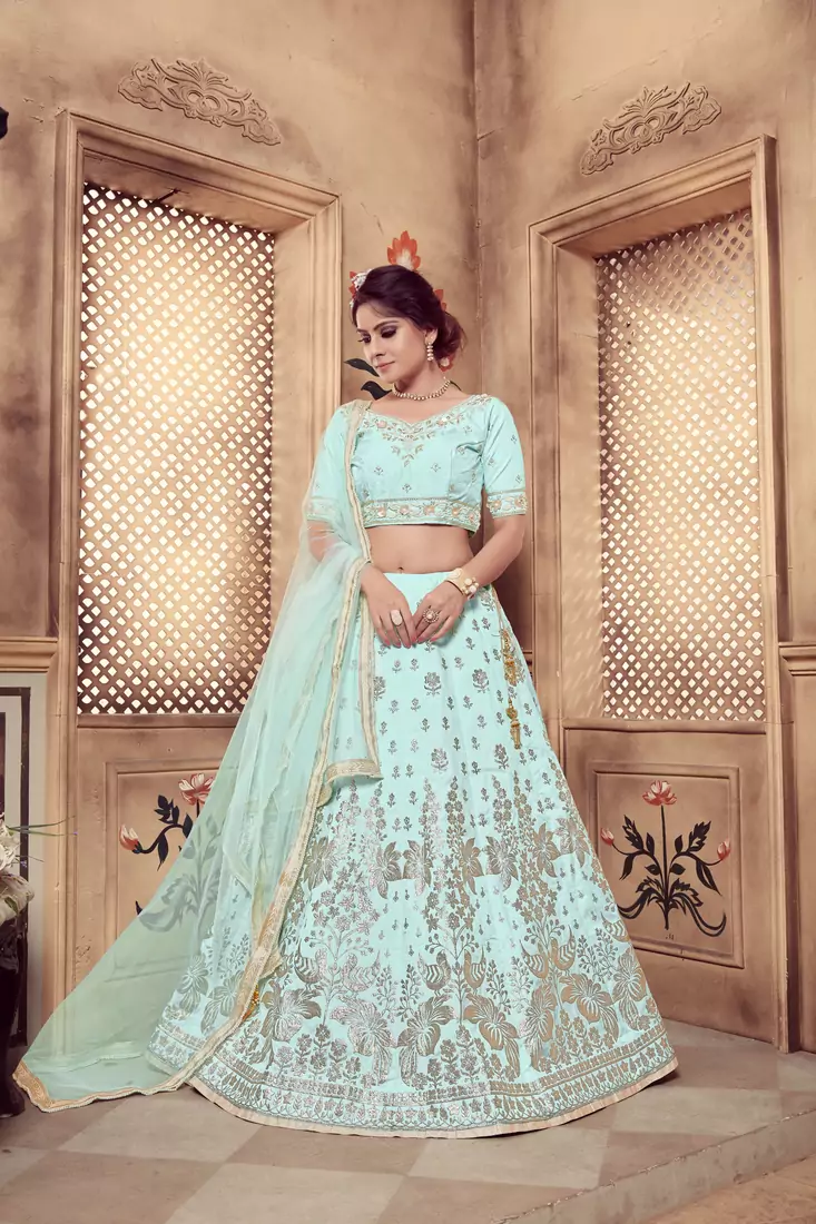 Turquoise Sequins, Pearl & Zari Embroidered Silk Semi Stitched bridal lehenga