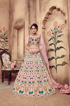 Baby Pink Multi Rubber Foil Embroidered Silk Semi Stitched bridal lehenga