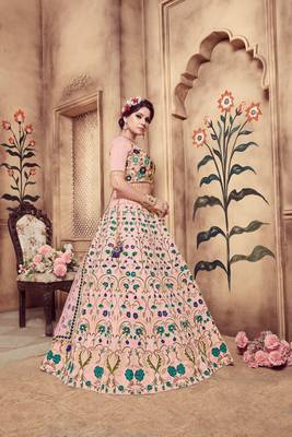Baby Pink Multi Rubber Foil Embroidered Silk Semi Stitched bridal lehenga 2
