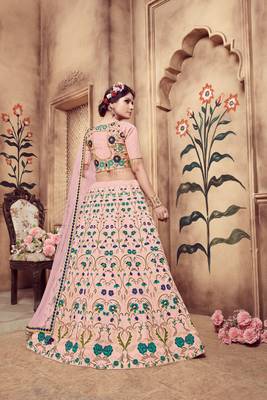 Baby Pink Multi Rubber Foil Embroidered Silk Semi Stitched bridal lehenga 3