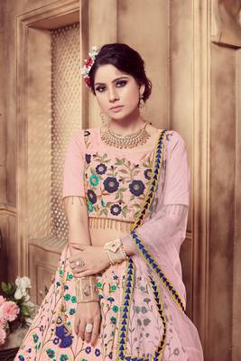 Baby Pink Multi Rubber Foil Embroidered Silk Semi Stitched bridal lehenga 4