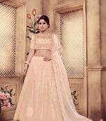 Peach Pearl & Rubber Foil Embroidered Organza Semi Stitched bridal lehenga