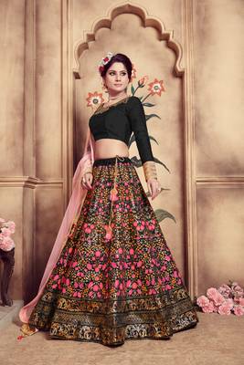 Black Multi Rubber Foil Embroidered Silk Semi Stitched bridal lehenga 2