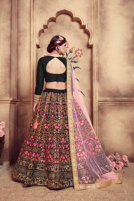 Black Multi Rubber Foil Embroidered Silk Semi Stitched bridal lehenga 3