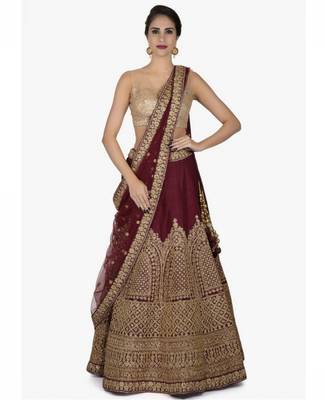 Maroon Embroidered Silk Unstitched Lehenga 1
