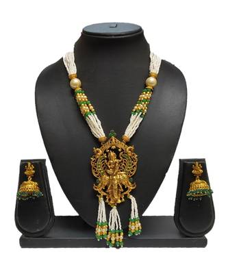 Green Matte Polish South Indian Temple Necklace Set For Women 1