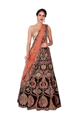 Maroon Embroidered Velvet Unstitched Lehenga 1