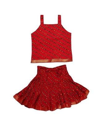 Red Baby Girls Skirt and Top Self Design Hand Block Print 1