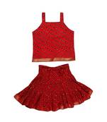 Red Baby Girls Skirt and Top Self Design Hand Block Print