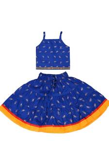 Blue Baby Girls Skirt and Top Self Design Hand Block Print