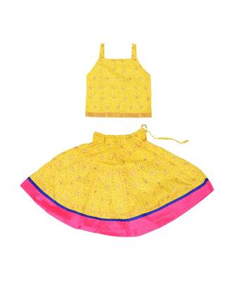 Yellow Baby Girls Skirt and Top Self Design Hand Block Print 1