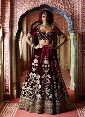 Maroon Embroidered Velvet Unstitched Lehenga 1
