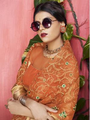 Brown embroidered organza saree with blouse 4
