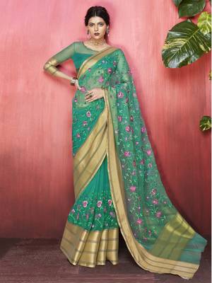 Green embroidered organza saree with blouse 1