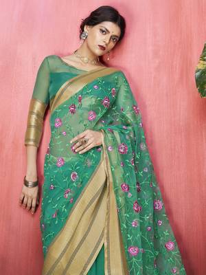 Green embroidered organza saree with blouse 2