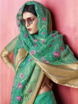 Green embroidered organza saree with blouse 3