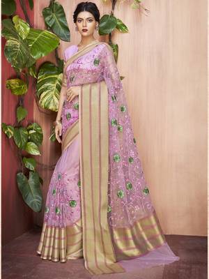 Purple embroidered organza saree with blouse 1