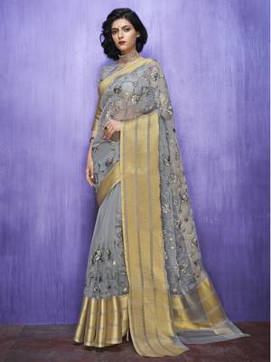 Grey embroidered organza saree with blouse 1