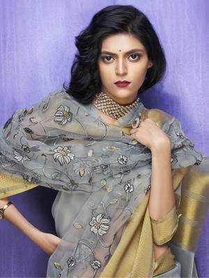 Grey embroidered organza saree with blouse 2