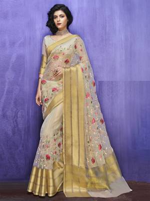 Peach embroidered organza saree with blouse 1