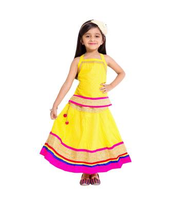 Yellow Baby Girls Skirt and Top Self Design Hand Block Print 1