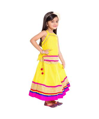 Yellow Baby Girls Skirt and Top Self Design Hand Block Print 2