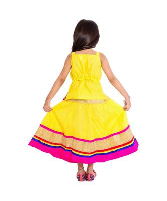 Yellow Baby Girls Skirt and Top Self Design Hand Block Print 3