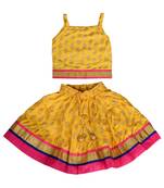 Yellow Baby Girls Skirt and Top Self Design Hand Block Gold Print
