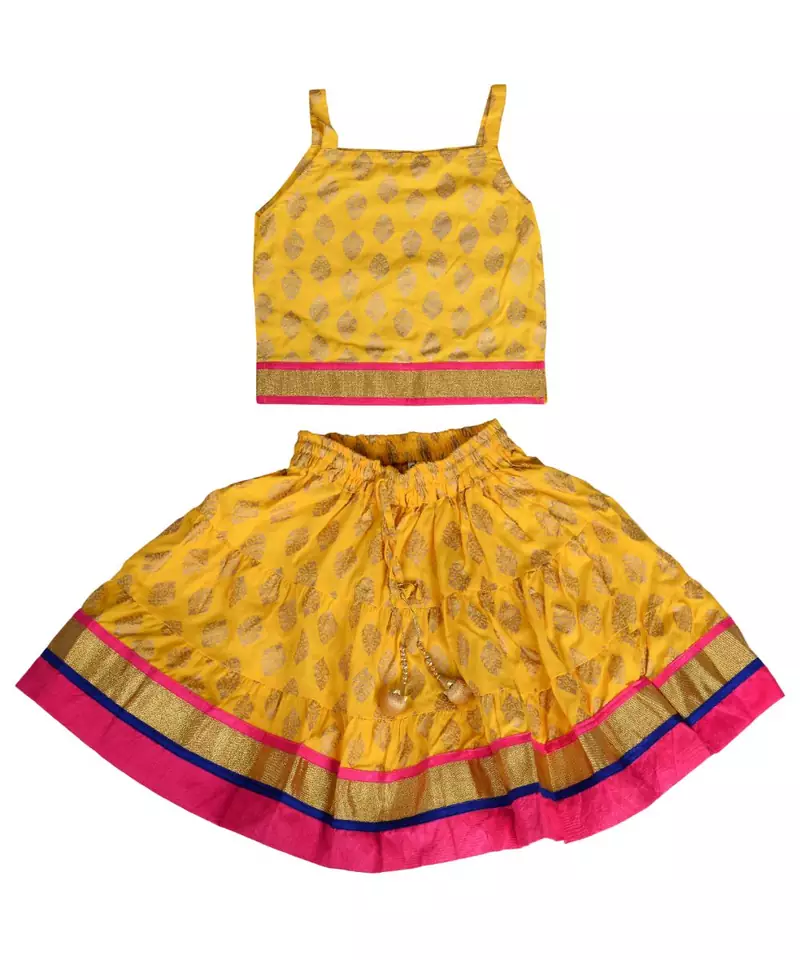 Yellow Baby Girls Skirt and Top Self Design Hand Block Gold Print
