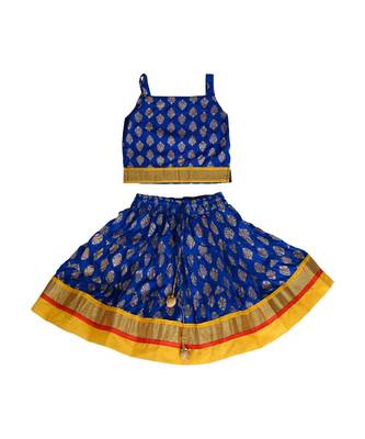 Blue Baby Girls Skirt and Top Self Design Hand Block Gold Print 1