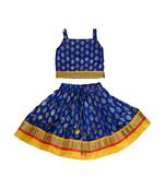 Blue Baby Girls Skirt and Top Self Design Hand Block Gold Print