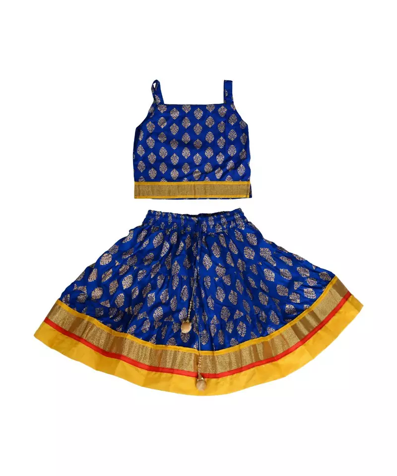 Blue Baby Girls Skirt and Top Self Design Hand Block Gold Print
