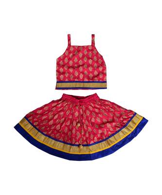 Pink Baby Girls Skirt and Top Self Design Hand Block Gold Print 1