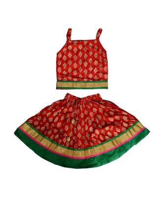 Red Baby Girls Skirt and Top Self Design Hand Block Gold Print 1