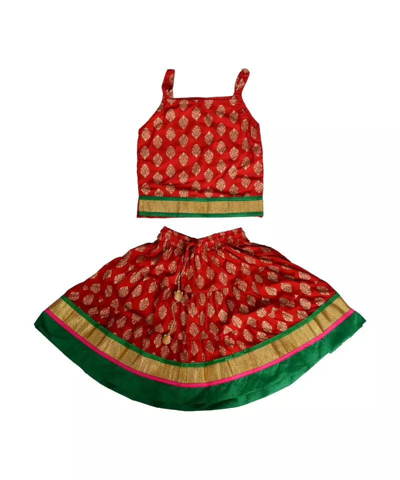 Red Baby Girls Skirt and Top Self Design Hand Block Gold Print