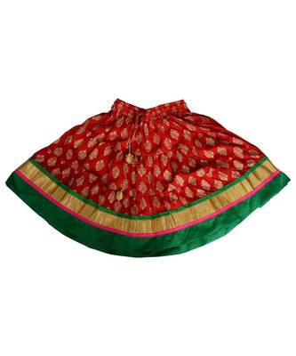 Red Baby Girls Skirt and Top Self Design Hand Block Gold Print 4