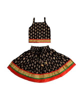 Black Baby Girls Skirt and Top Self Design Hand Block Gold Print 1