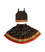 Black Baby Girls Skirt and Top Self Design Hand Block Gold Print