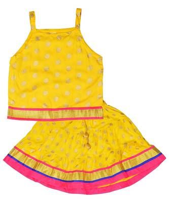 Yellow Baby Girls Skirt and Top Self Design Hand Block Gold Print 1