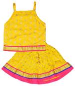 Yellow Baby Girls Skirt and Top Self Design Hand Block Gold Print